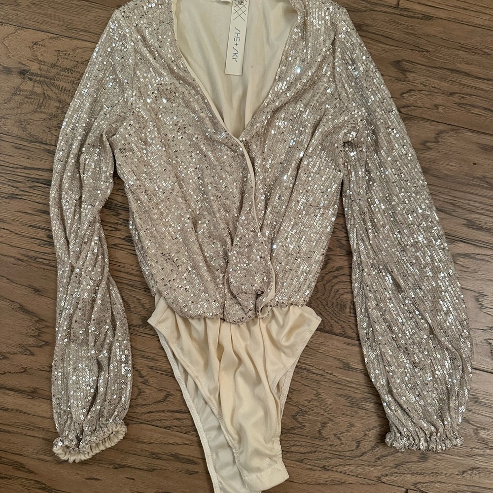 She + Sky Glittering Sequin Bodysuit in Silver and Cream